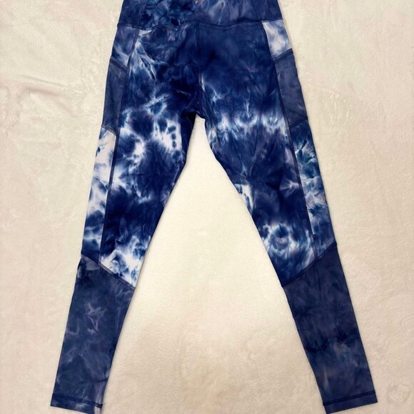 Women's Blue & White Tie-Dye Mesh Accented & Pocketed Leggings - Picture 4 of 6